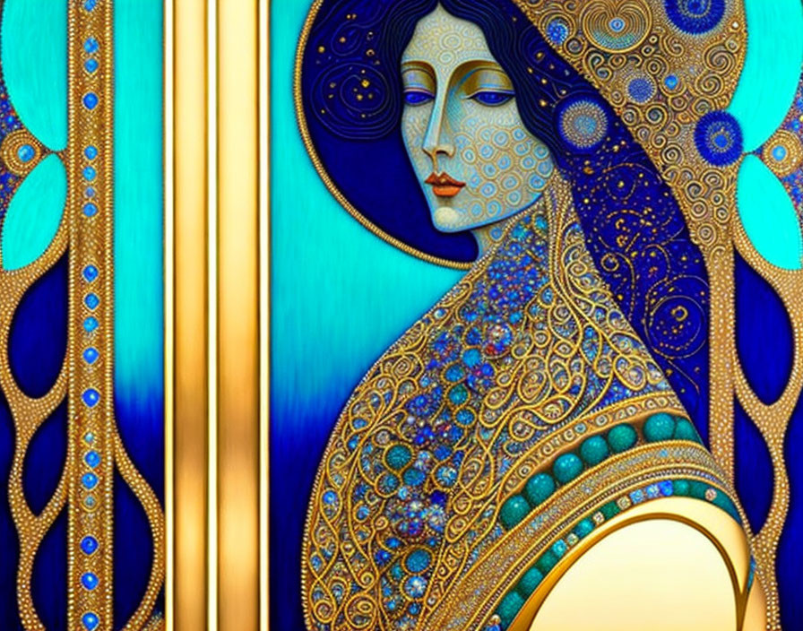 Art Nouveau-inspired illustration of stylized female figure with blue and gold motifs