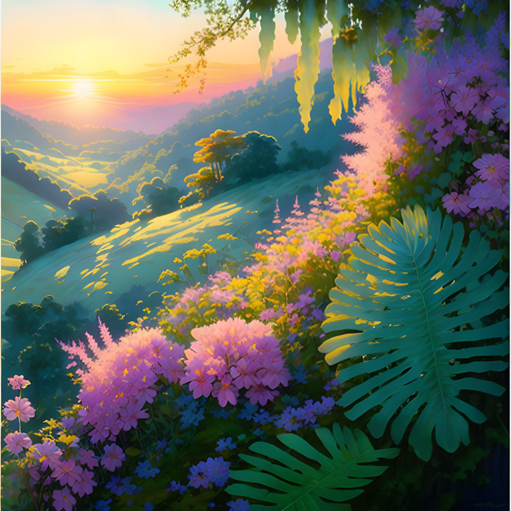 Colorful Sunset Landscape with Flowers and Hills