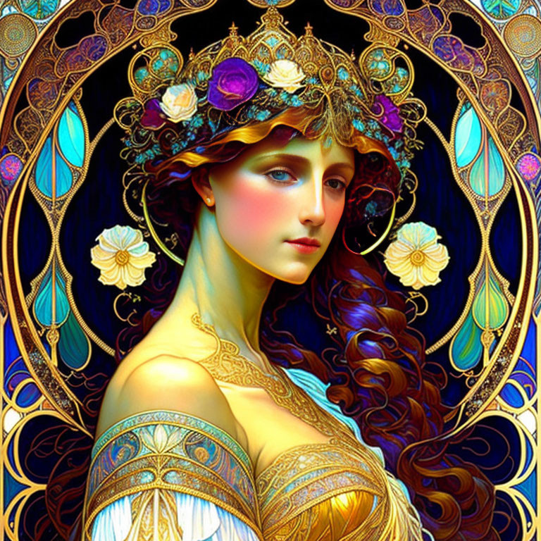 Ornate golden headgear on woman in Art Nouveau-inspired portrait