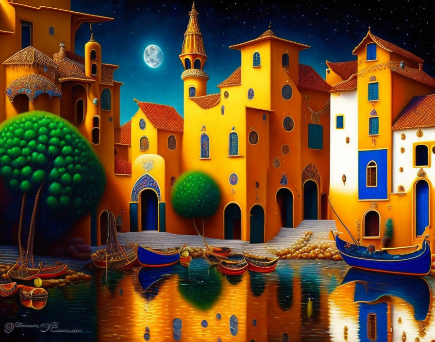 Vibrant fantasy coastal town with whimsical architecture and starry sky