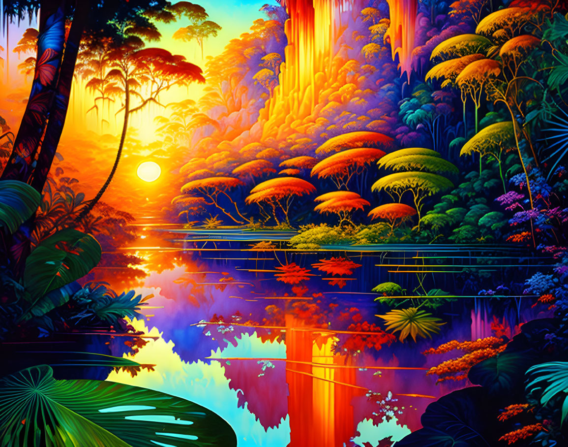 Colorful Jungle Landscape with Sunset, Water Reflections & Exotic Flora