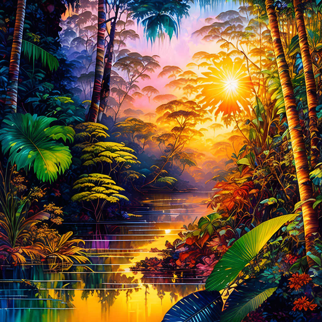 Vibrant digital artwork: Tropical rainforest at sunset