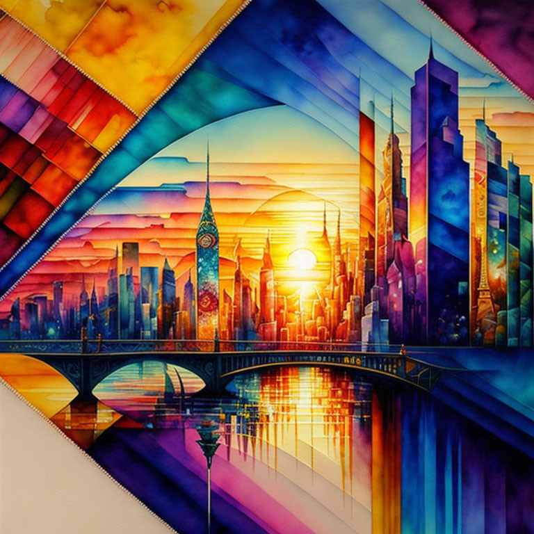 Cityscape Watercolor Painting: Sunset with Clock Tower, Reflections, and Abstract Geometric Shapes