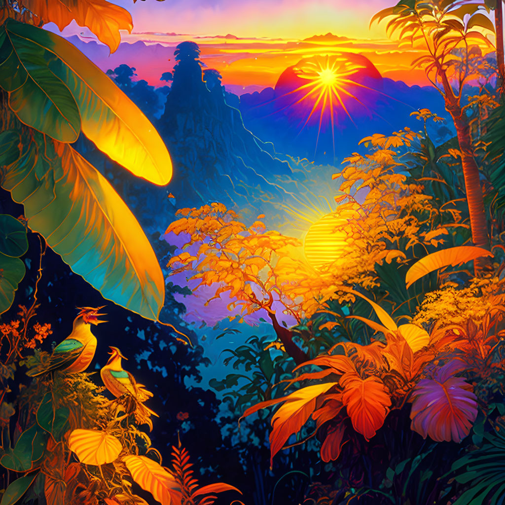 Vibrant tropical forest sunset with birds and mountain view