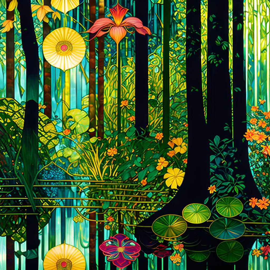 Colorful forest scene with lily pads and lanterns in digital art