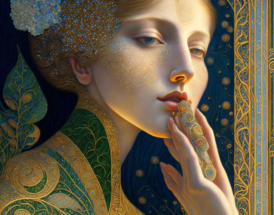 Intricate Art Nouveau style woman with golden embellishments