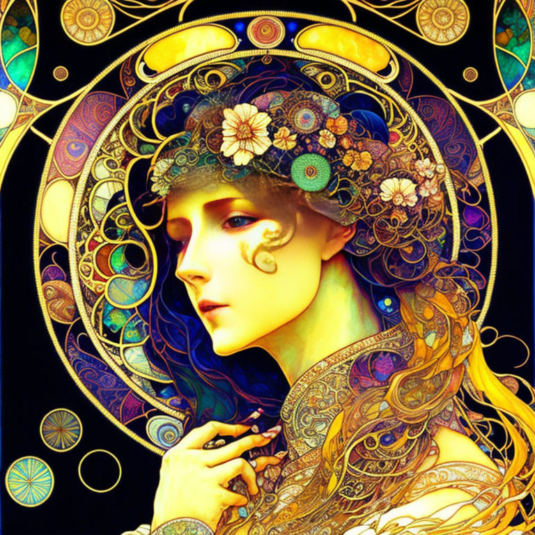 Vibrant digital artwork of a stylized woman in Art Nouveau style