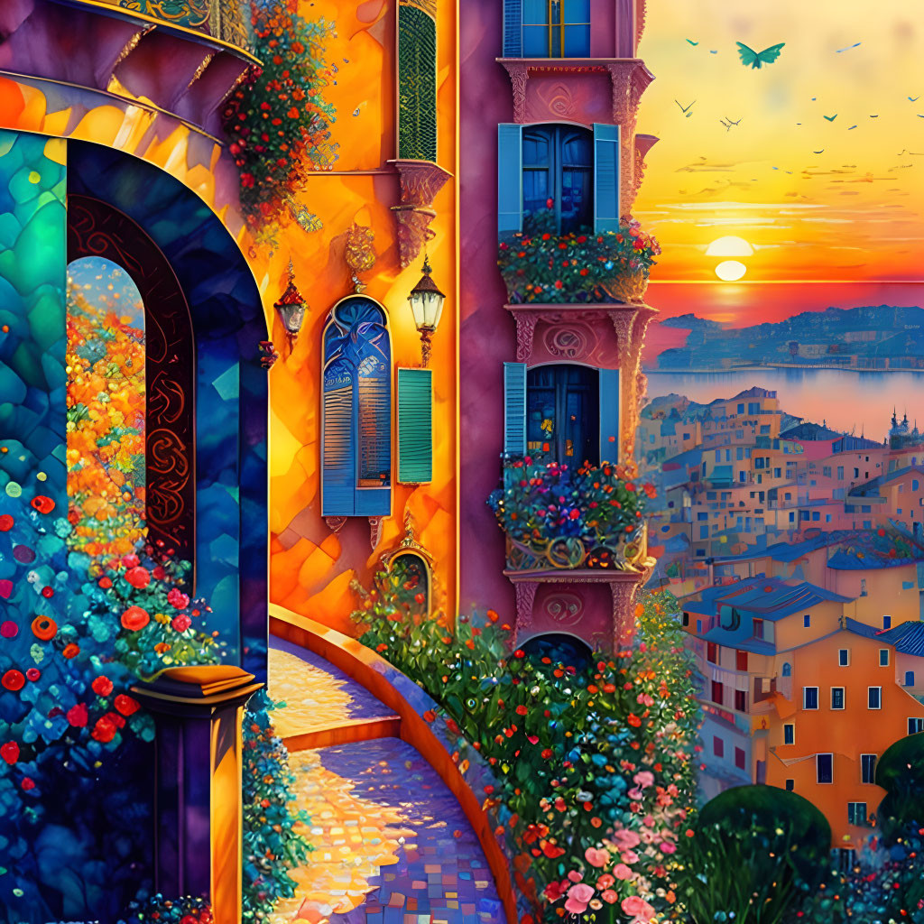 Colorful Mediterranean Coastal Town Sunset Painting with Flowers & Cobblestone Path