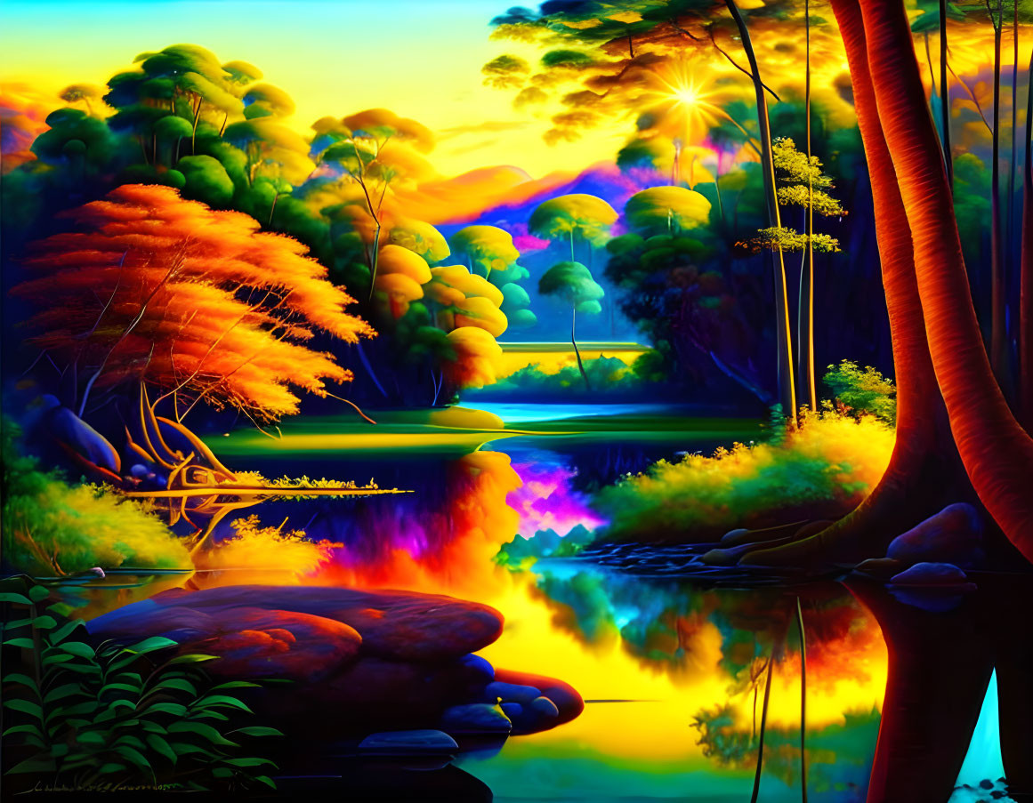 Colorful surreal forest scene with river, trees, and glowing sunset