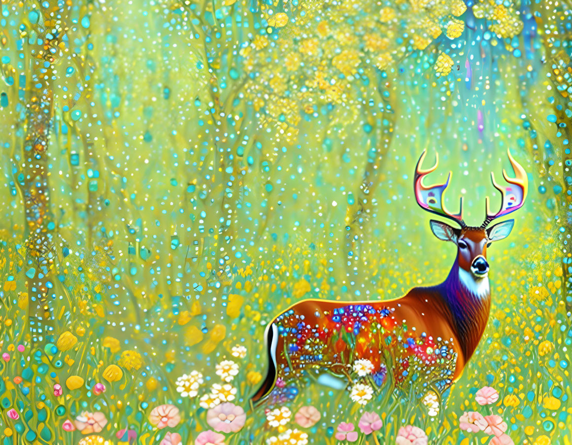 Vibrant Fantasy Forest Illustration with Stag