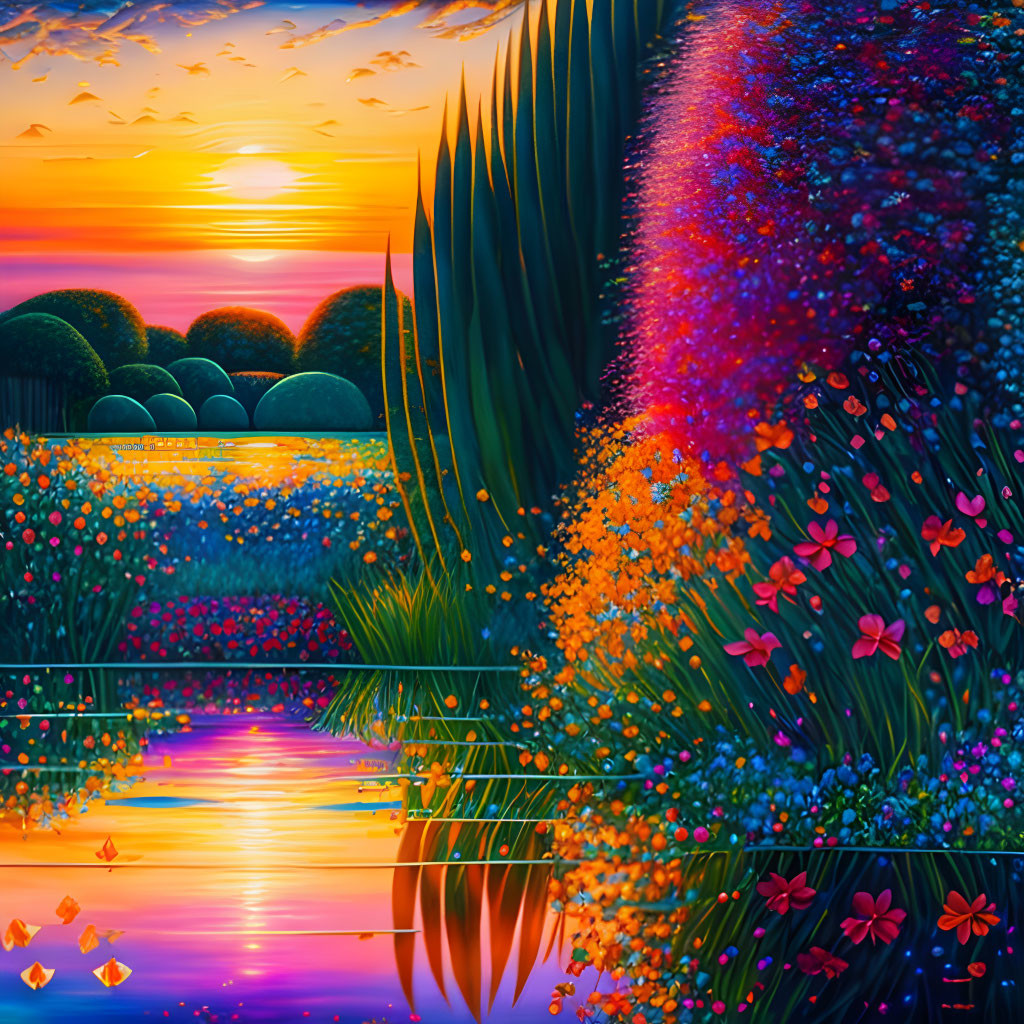 Colorful sunset painting: lake, flowers, birds