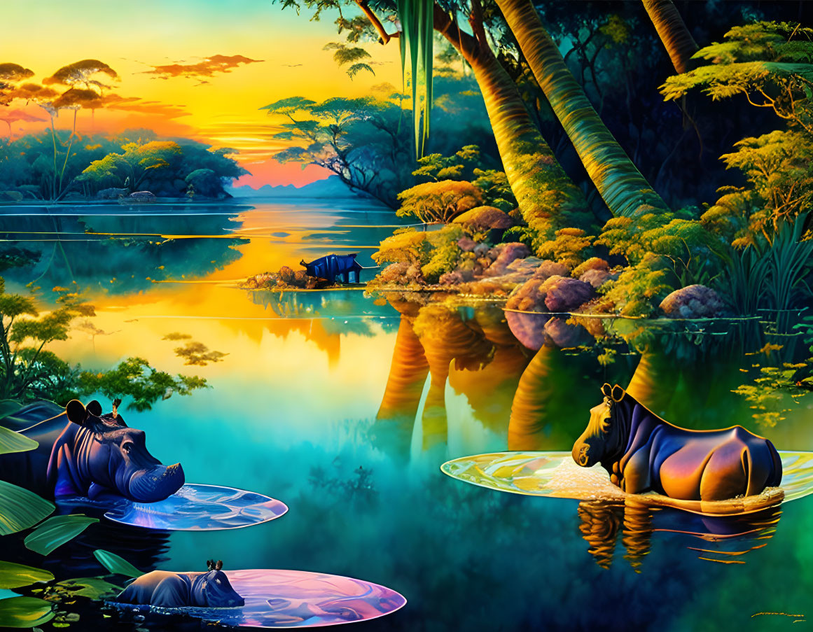 Colorful Jungle Scene: Hippos on Lily Pads, Sunset Reflections