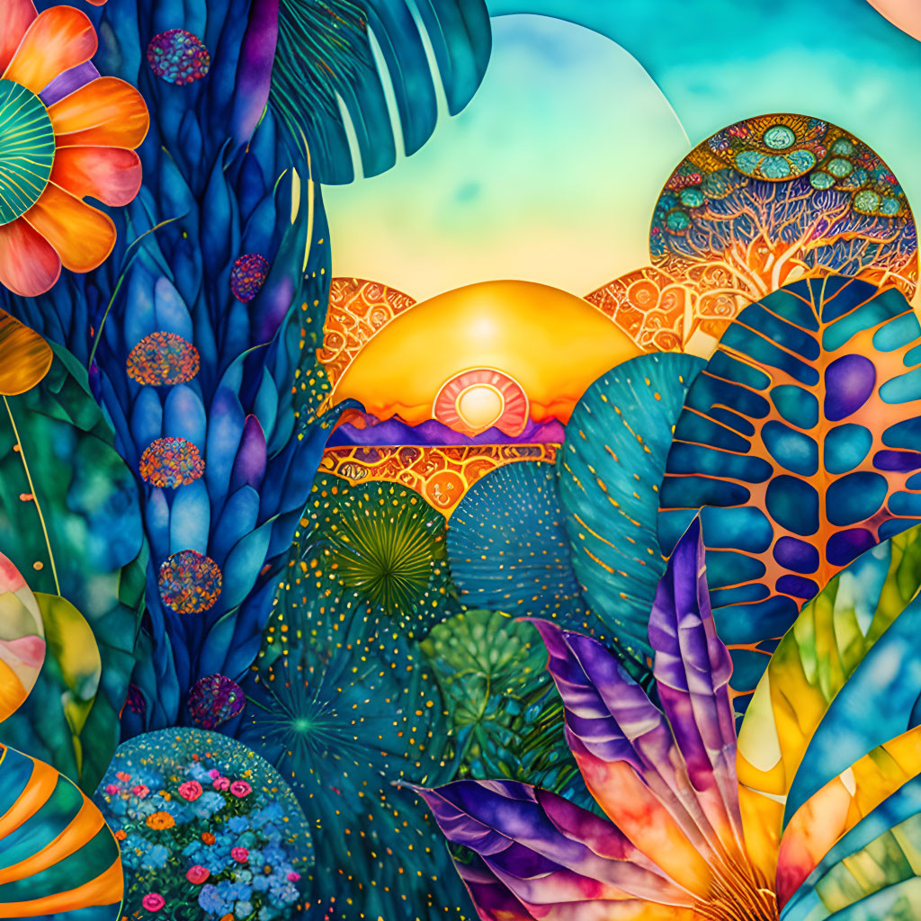 Colorful whimsical garden illustration with stylized flora and sun motif.