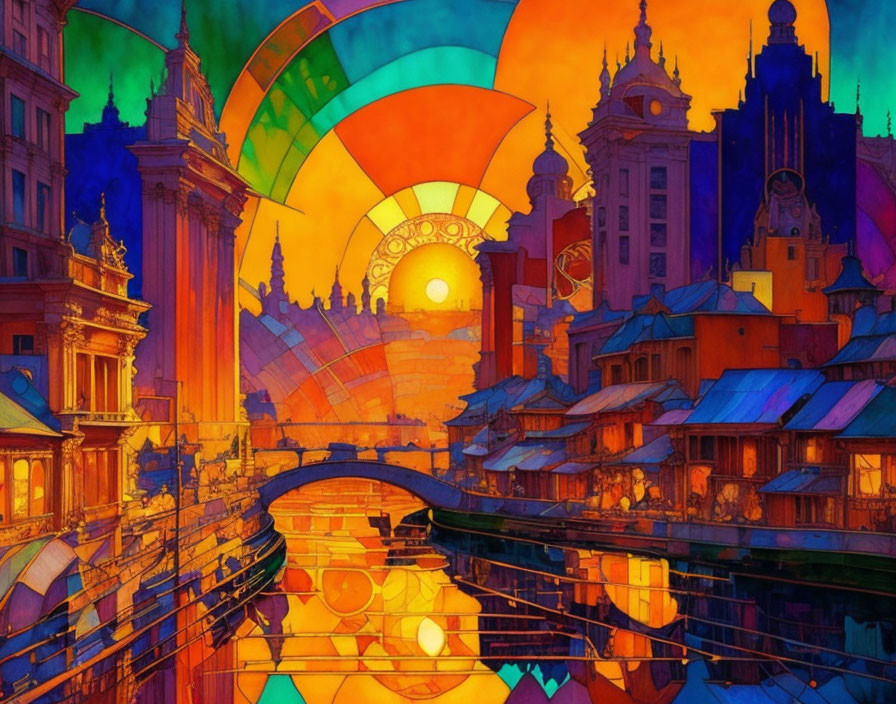 Colorful illustration: fantastical cityscape with rainbow, intricate buildings, reflective river, and sunset sky