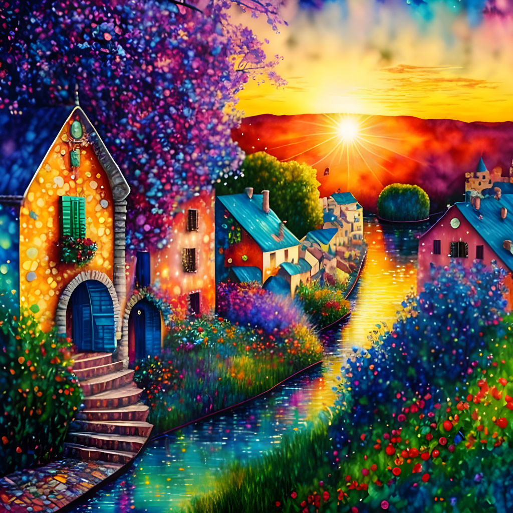 Colorful painting: Whimsical village by river at sunset