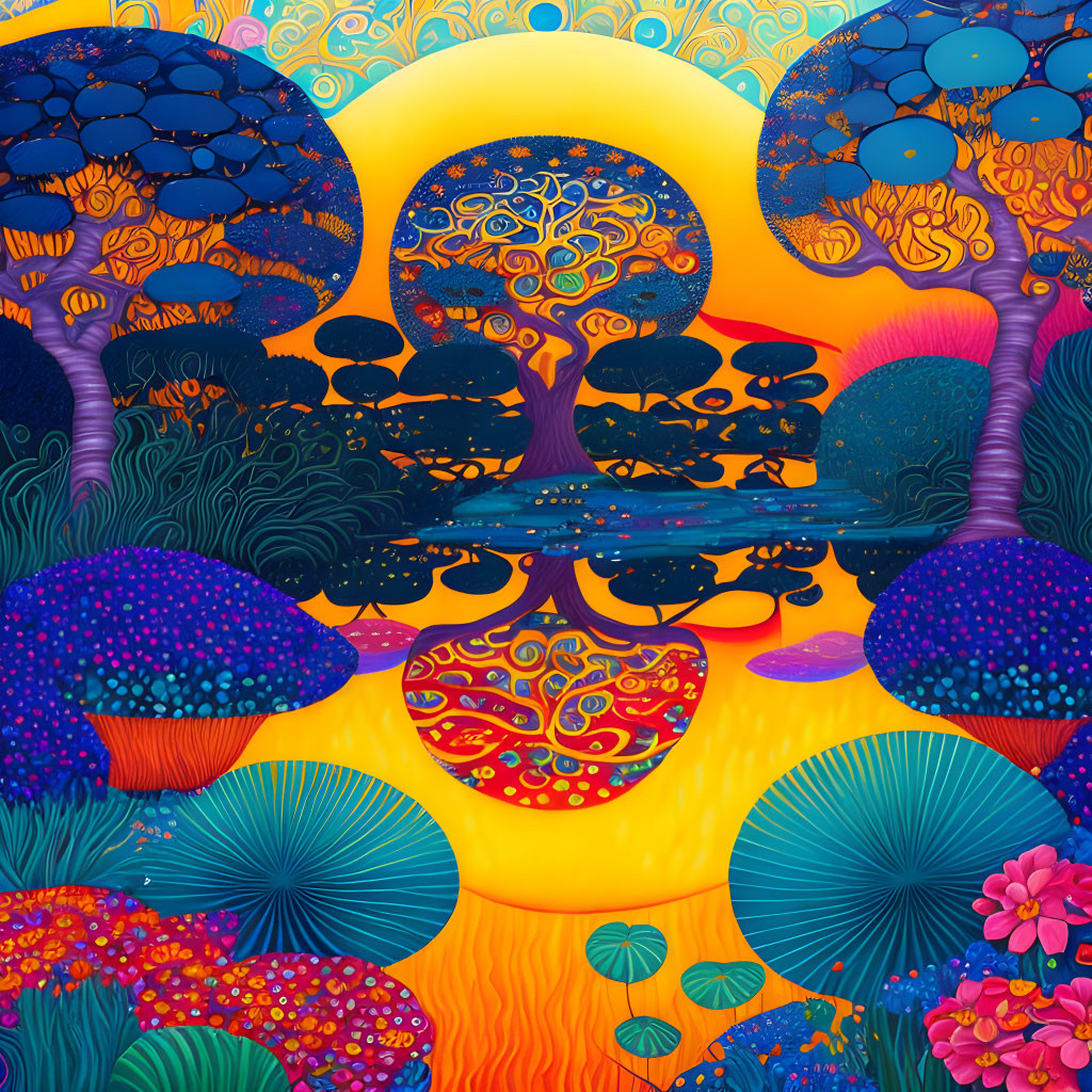 Colorful Psychedelic Landscape with Trees, Mushrooms, and Water Reflections