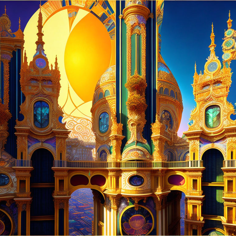 Golden cityscape with ornate towers under a glowing sun