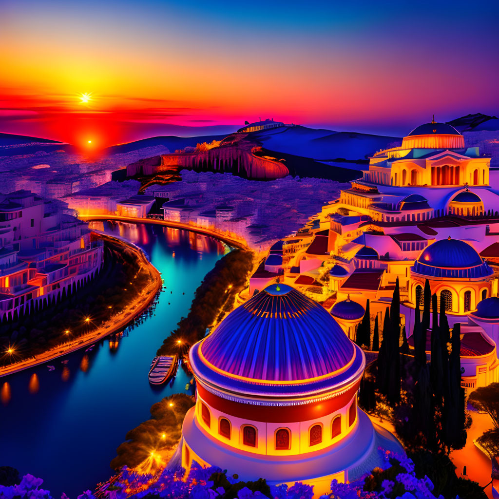 Scenic Mediterranean coastal town at sunset with blue domes and boats