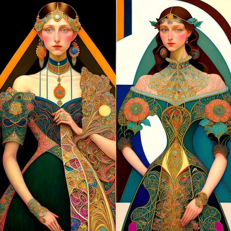 Stylized Art Nouveau portraits of a woman with intricate patterns and flowing dresses