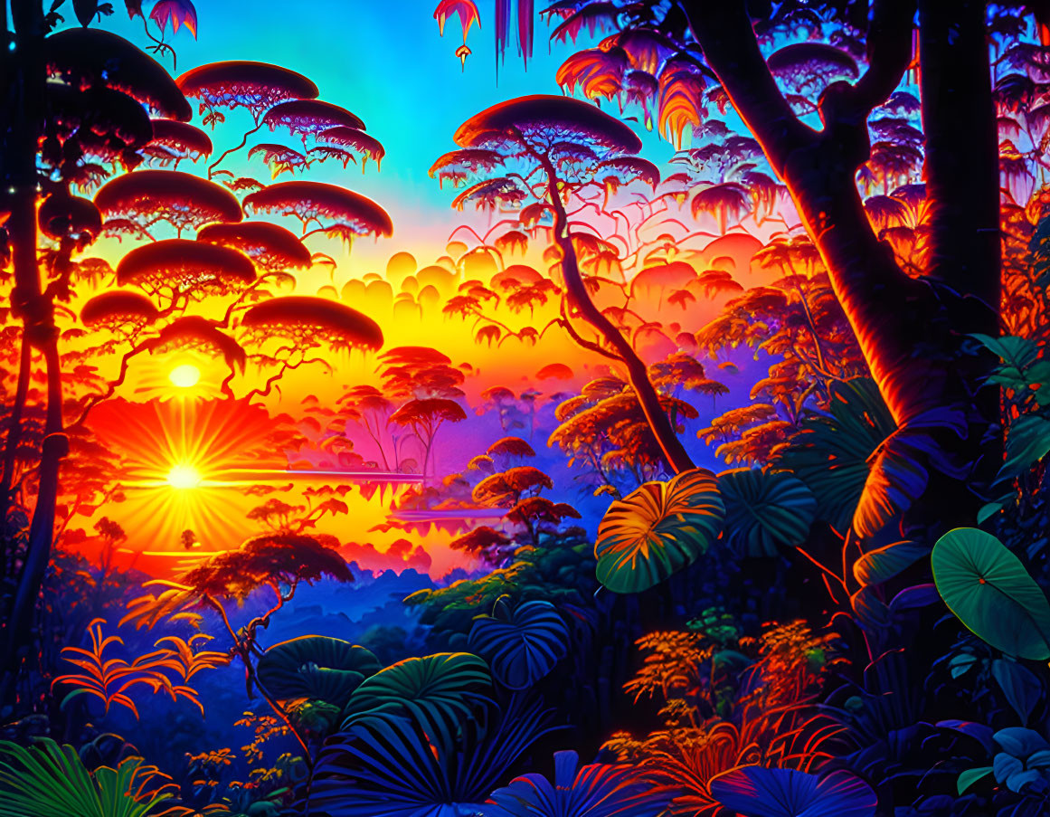 Vibrant digital art of tropical rainforest at sunset