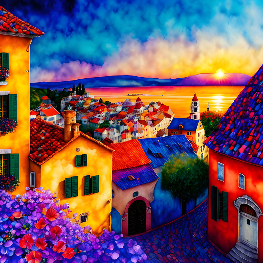 Scenic coastal town with terracotta roofs, blooming flowers, and calm sea at sunset