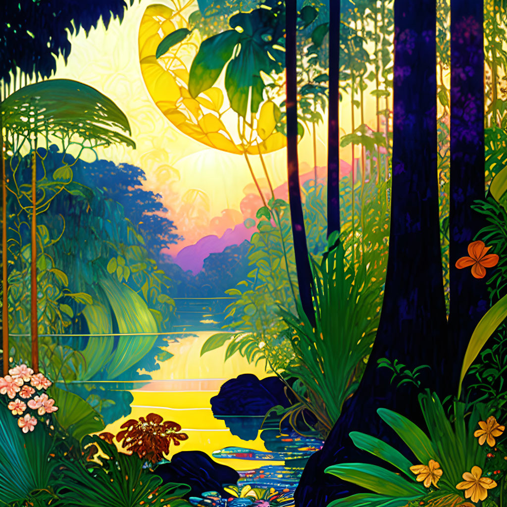 Colorful tropical forest sunset scene with lush foliage and river.