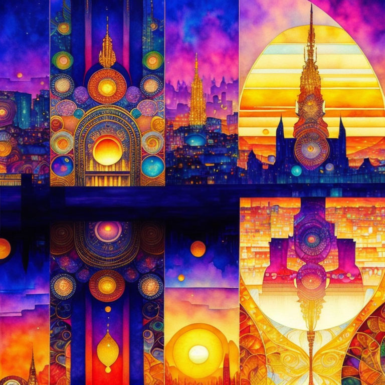 Colorful Cityscape Collage with Ornate Buildings and Sunset Skies