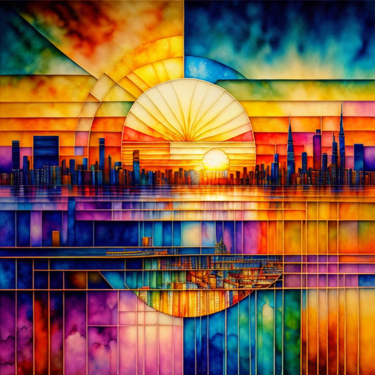 City skyline at sunset in vibrant stained glass style