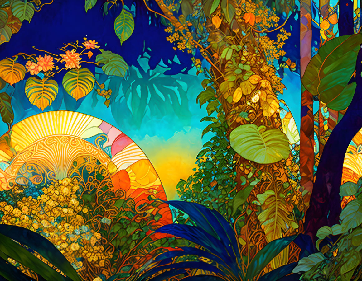 Colorful Jungle Scene with Stylized Sun and Lush Foliage