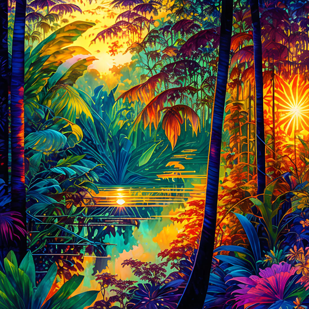 Colorful Tropical Jungle Illustration with Sunbeams and River at Sunset