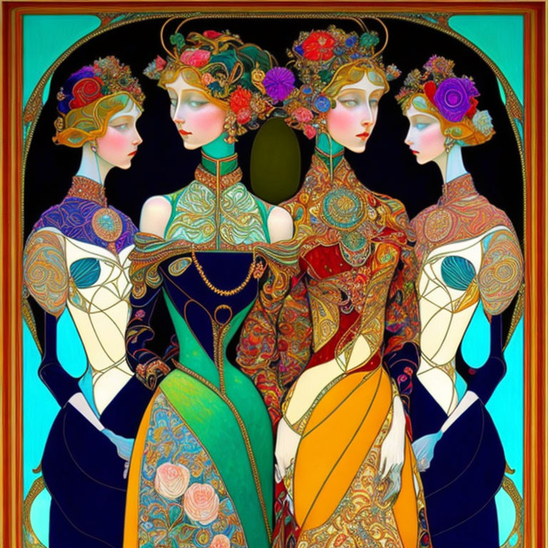 Four women in Art Nouveau style with floral headpieces and intricate gowns.