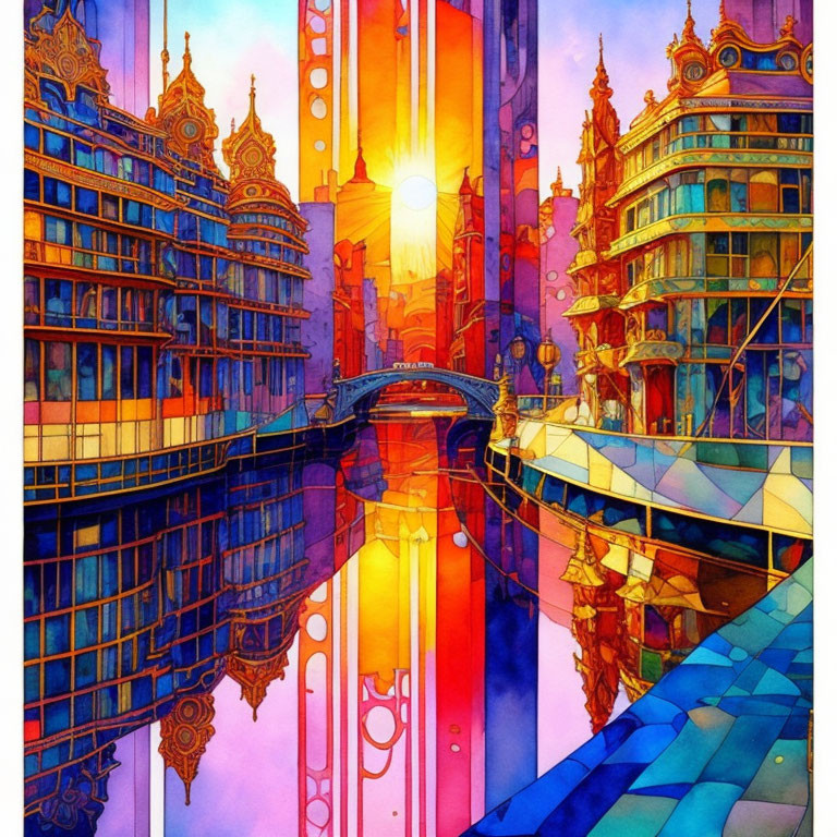 Illustration of vibrant, colorful fantastical city at sunset