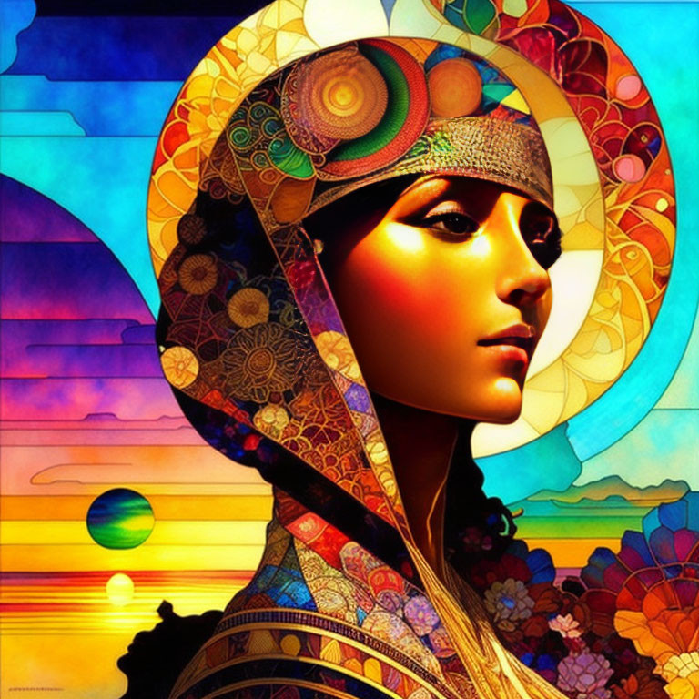 Vivid digital artwork featuring stylized woman with decorative headdress in colorful landscape