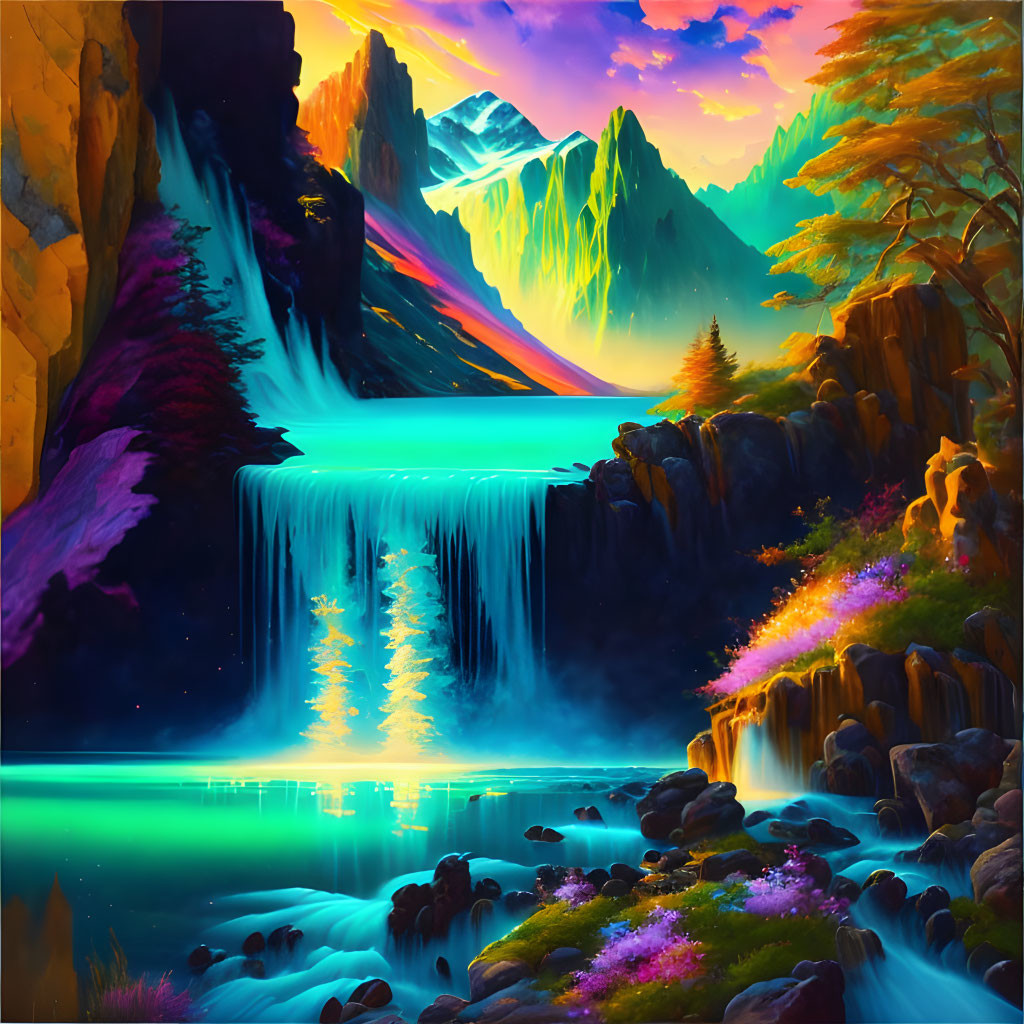 Fantasy landscape digital artwork: luminous waterfall, glowing river, dramatic cliffs, colorful flora, twilight