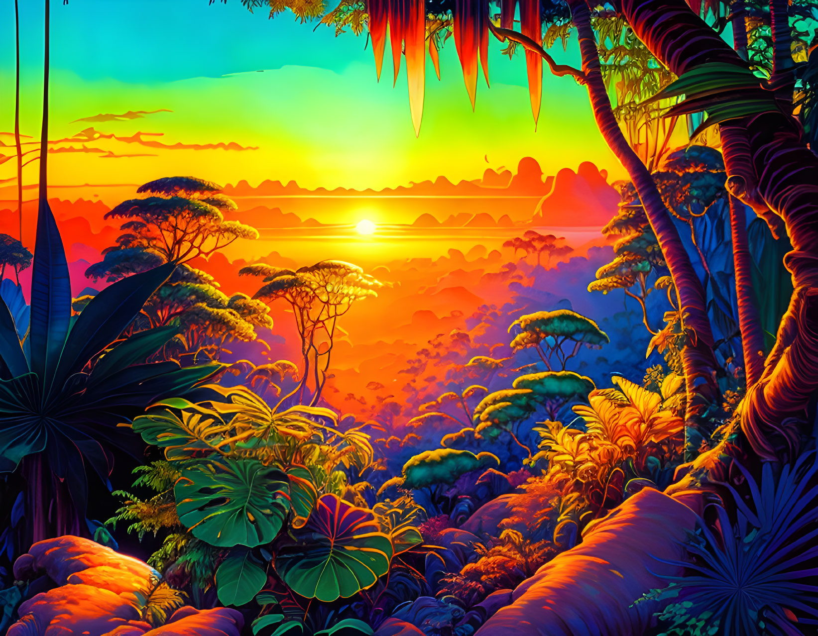 Colorful sunset jungle scene with silhouetted trees and gradient sky.