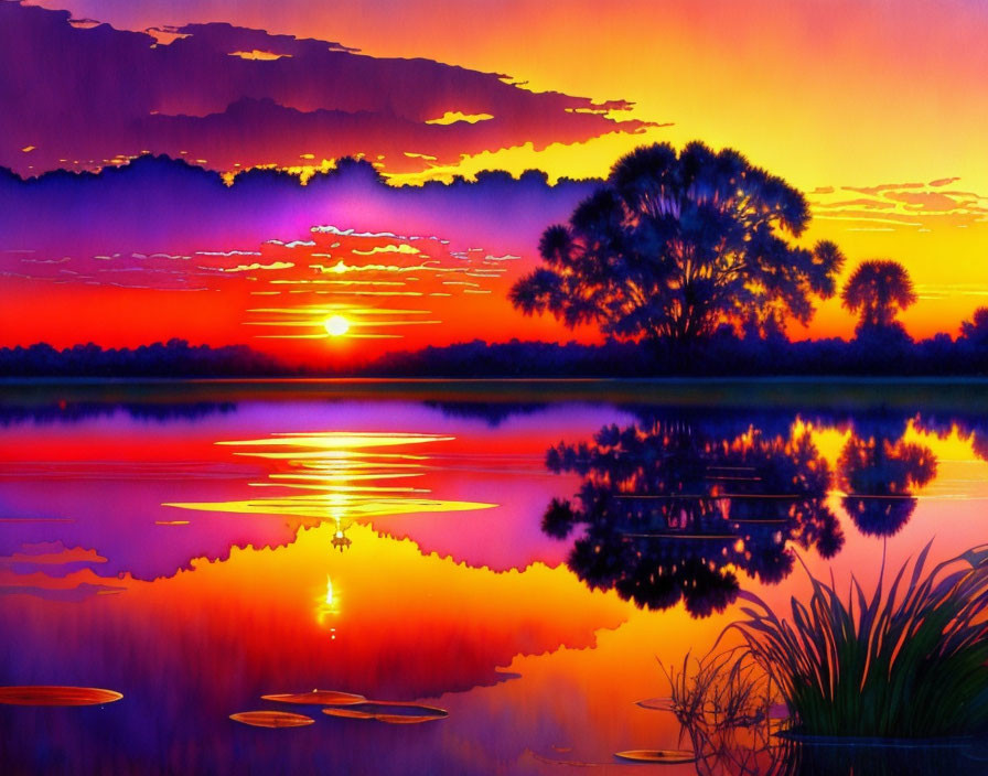 Tranquil lake at sunset with vibrant reflections of sun and trees