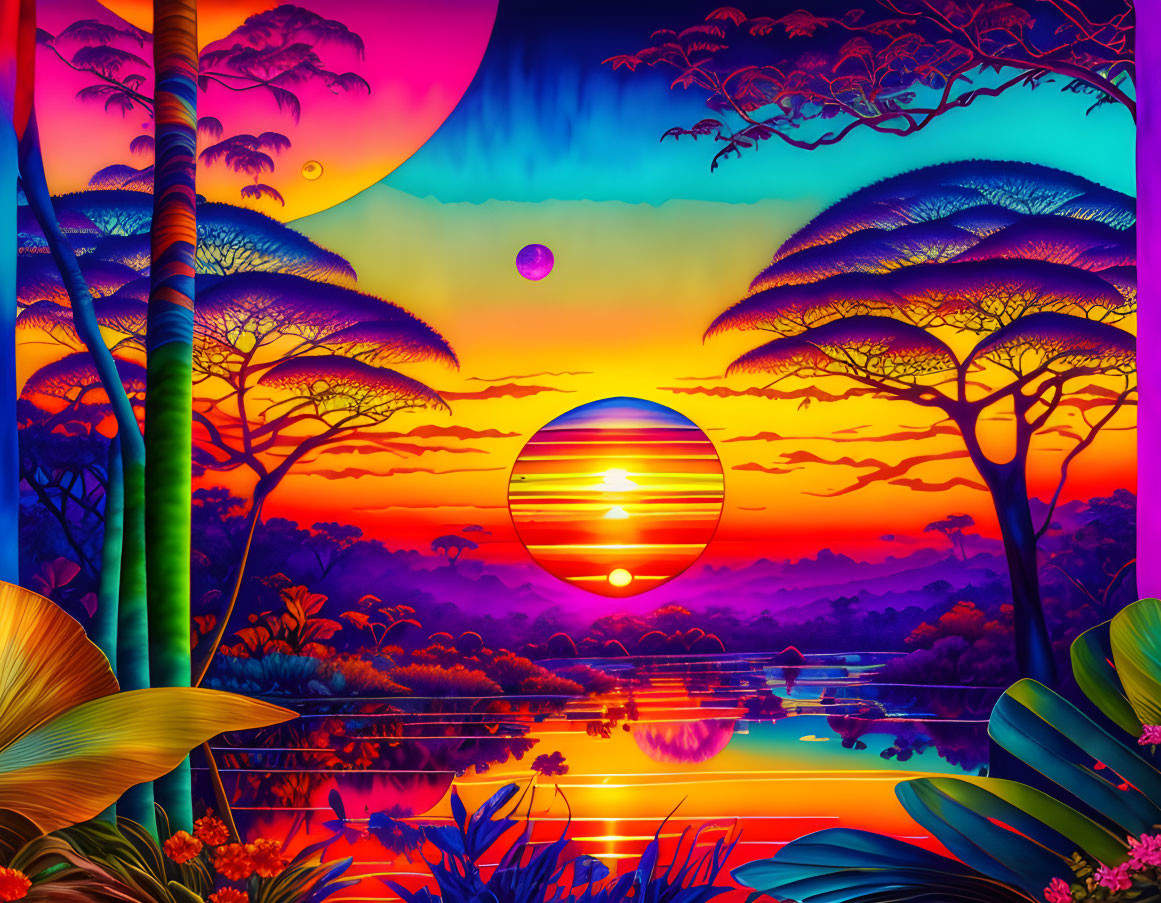 Surreal tropical landscape with multiple suns and reflective water