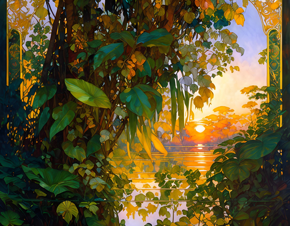 Scenic painting of leafy grove at sunset by tranquil water