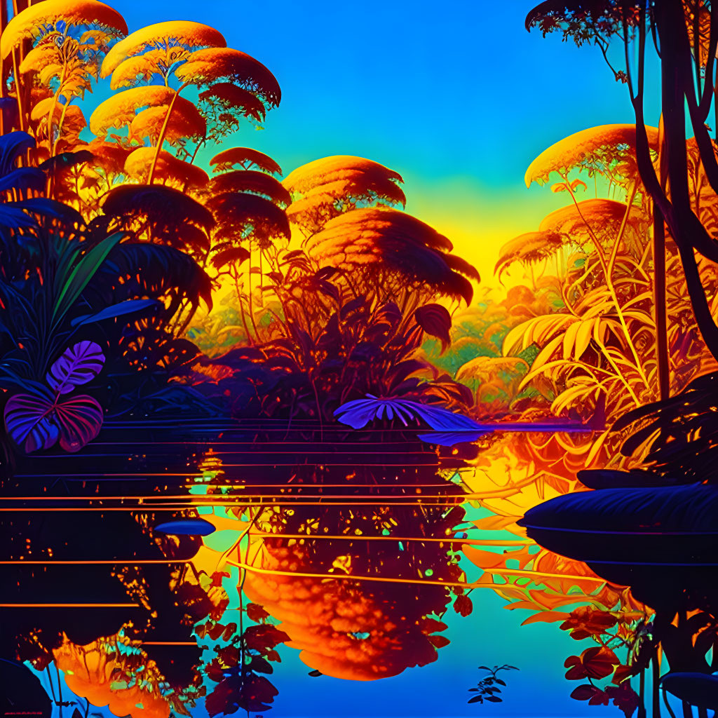 Surreal neon-lit jungle scene with sunset sky and water reflection