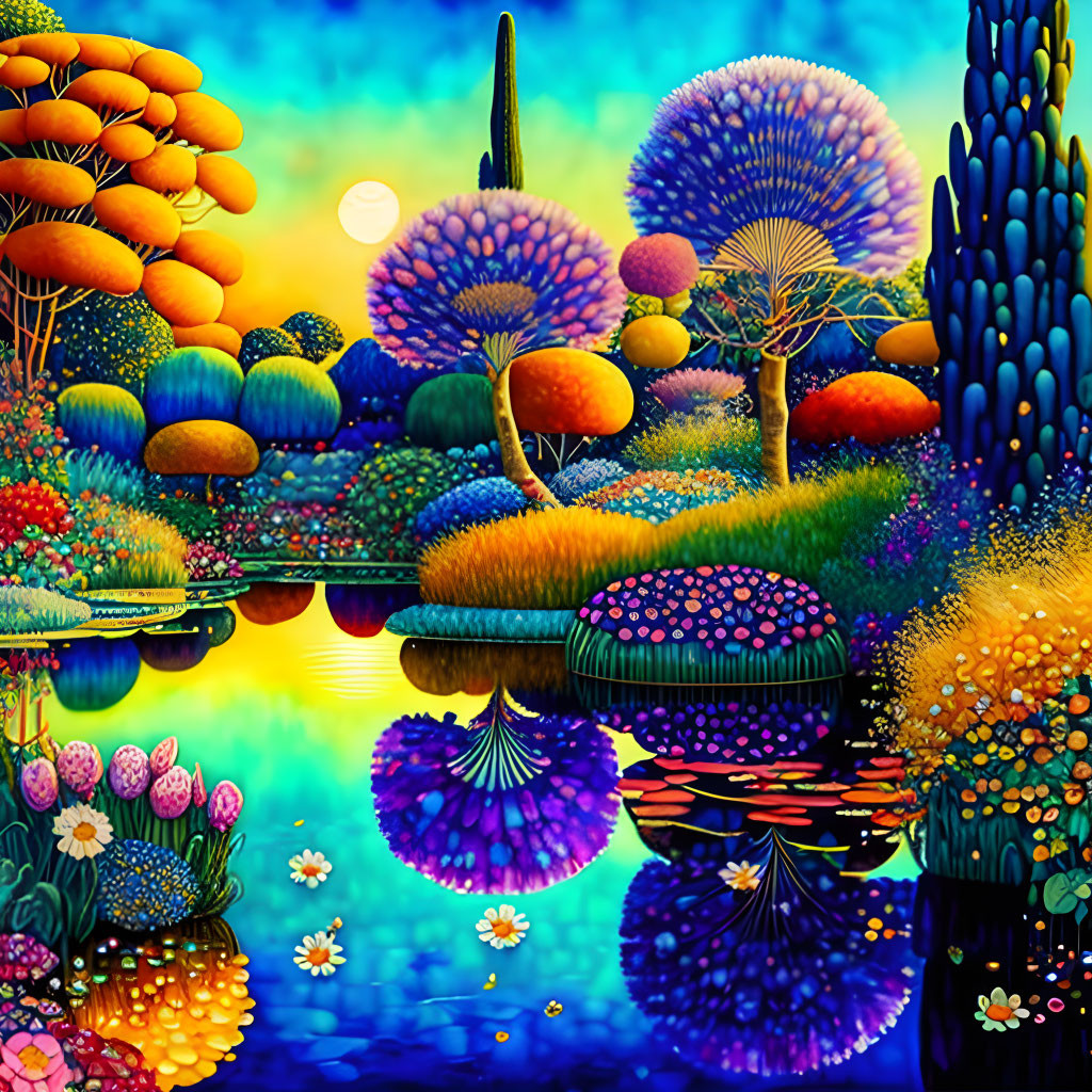 Colorful Stylized Landscape Reflecting in Tranquil Water