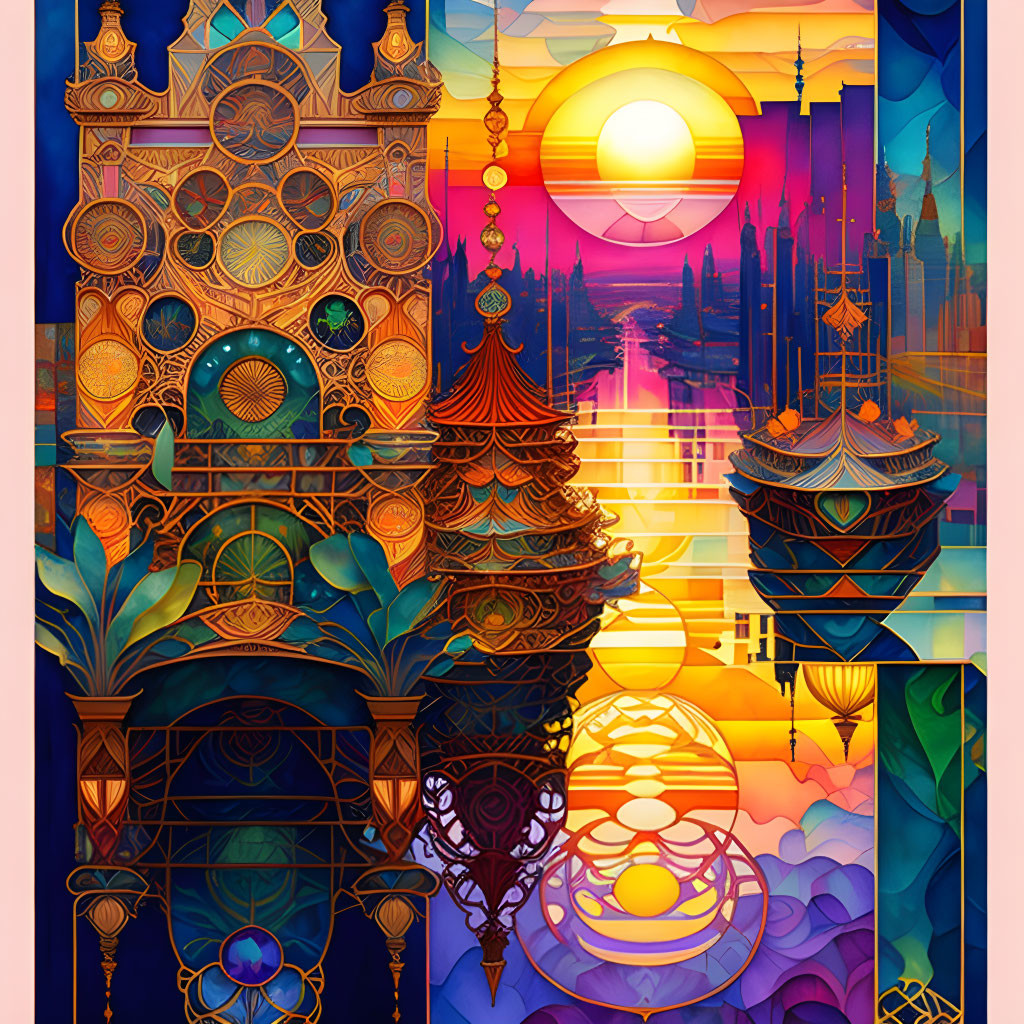 Colorful fantasy landscape with intricate towers and setting sun.