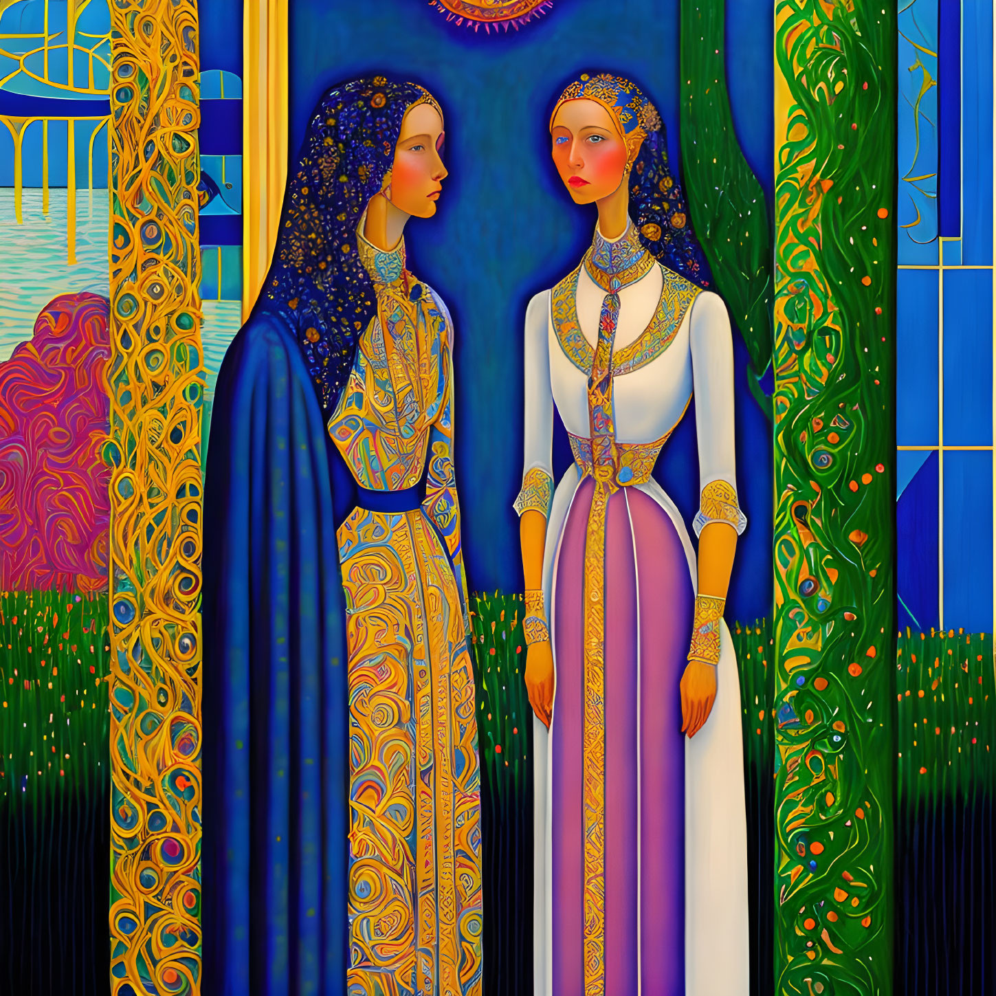 Colorful artwork of two women in patterned dresses against nature-inspired backdrop