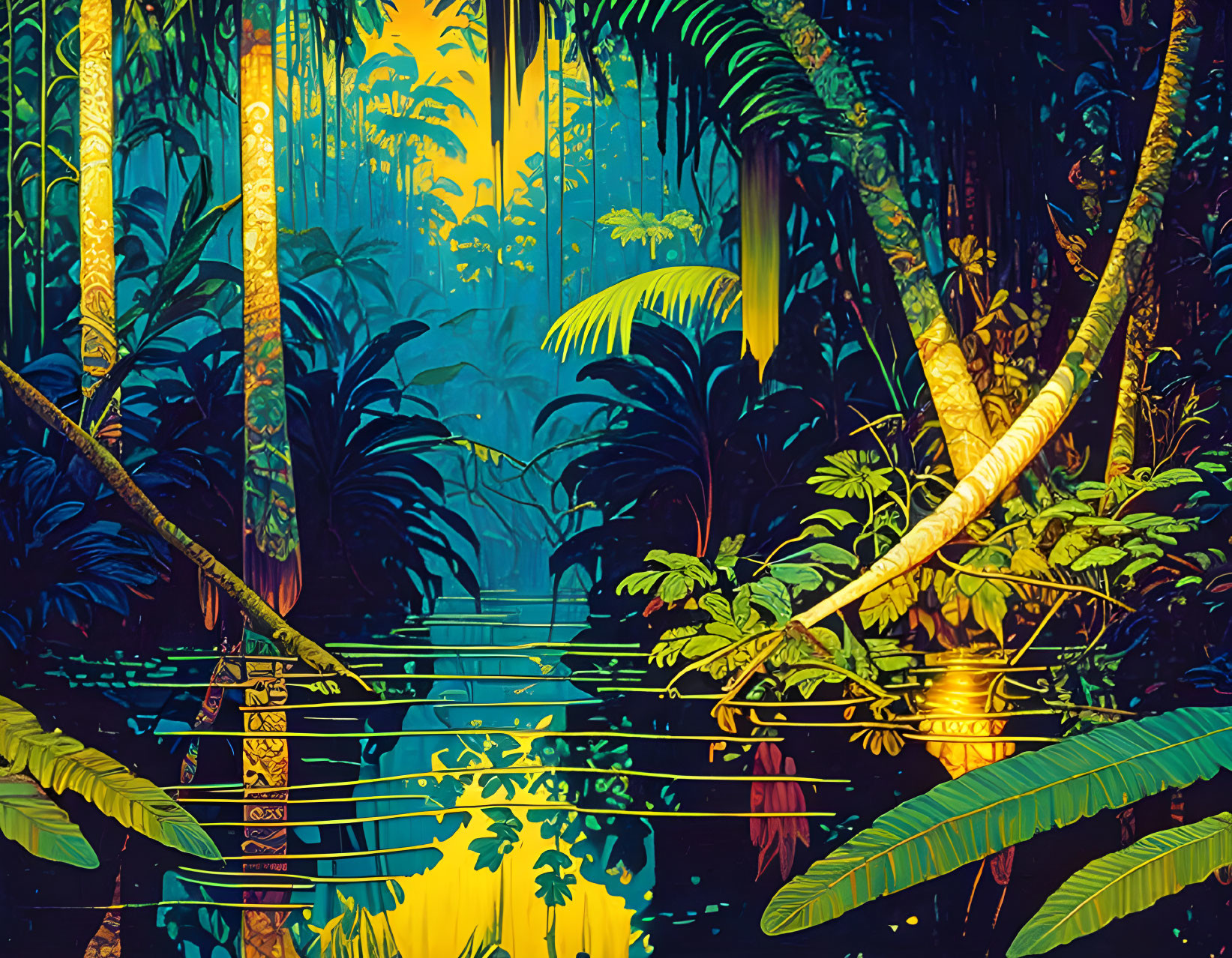 Lush Jungle Scene with Reflective Waters and Golden Light