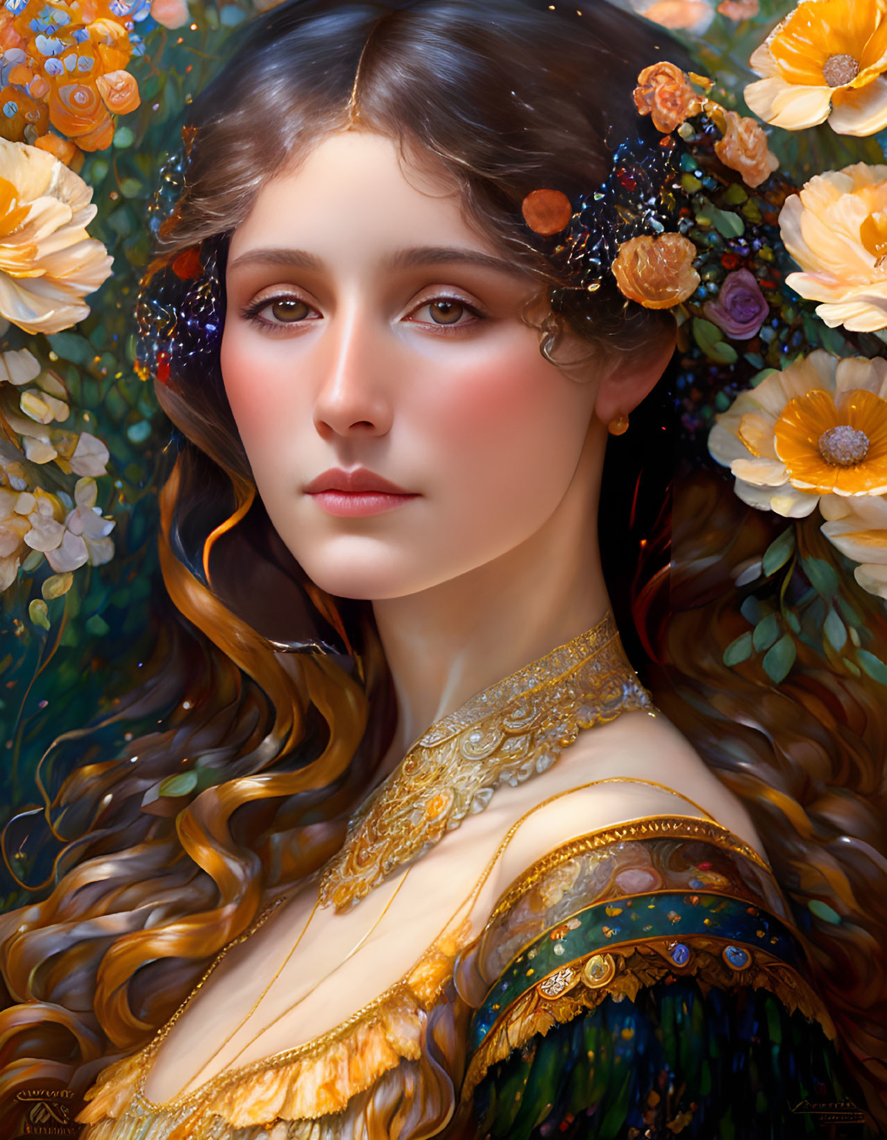 Digital artwork of woman with wavy brown hair, golden outfit, and floral backdrop