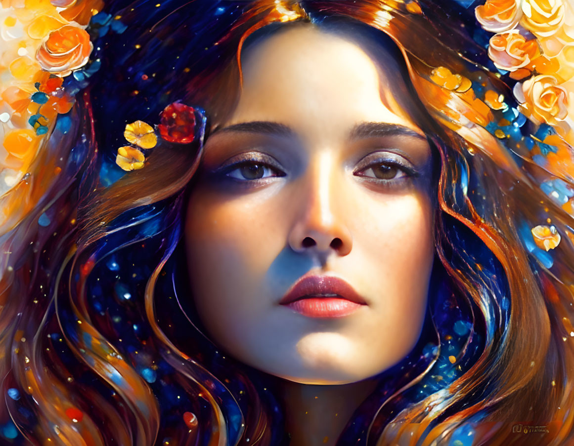 Colorful portrait of woman with floral and cosmic hair elements