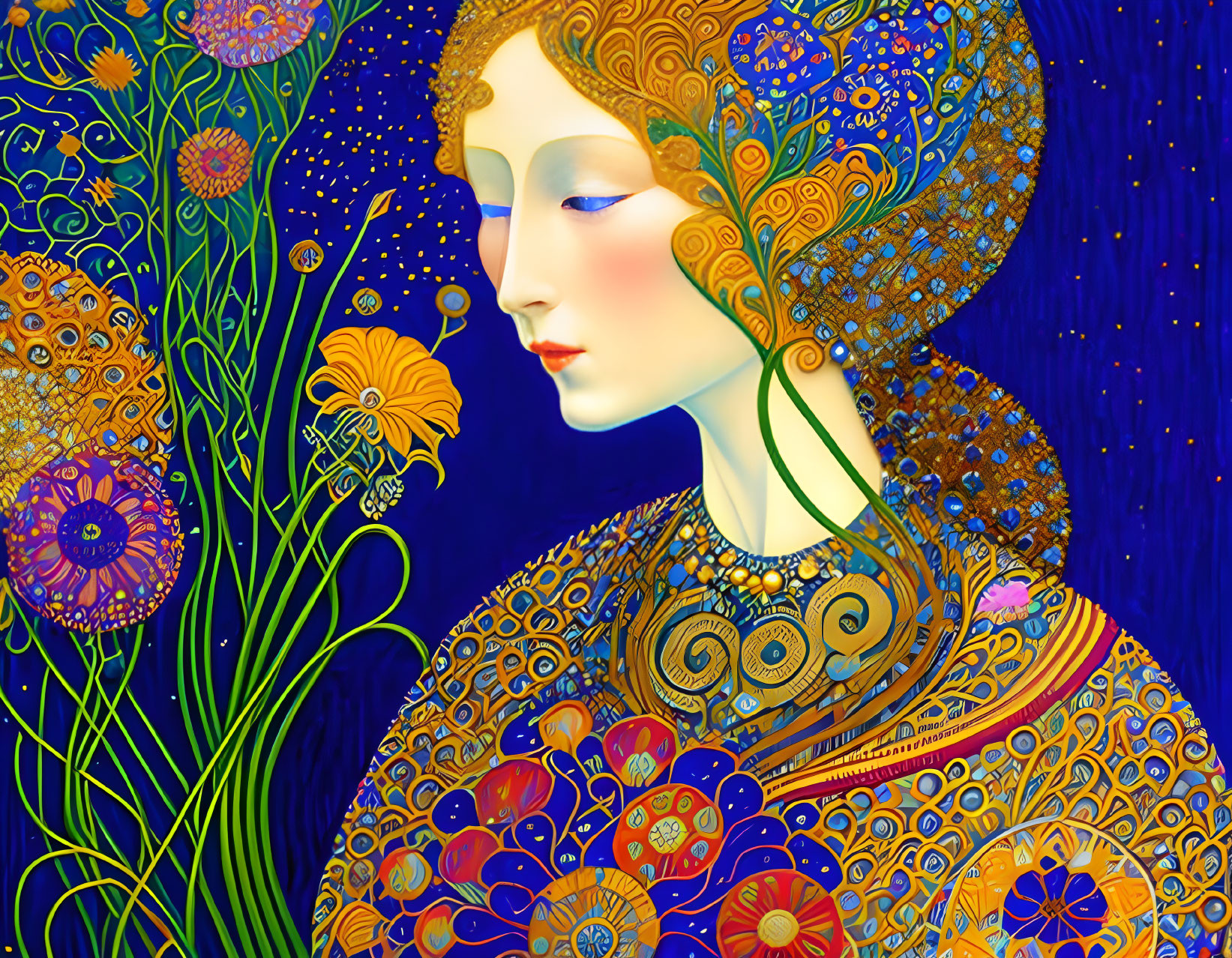 Colorful artwork of woman with floral patterns on deep blue background