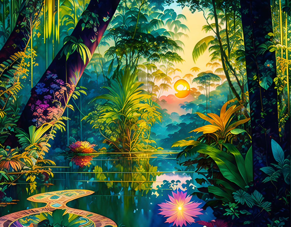 Lush Forest Sunset Illustration with Tranquil River