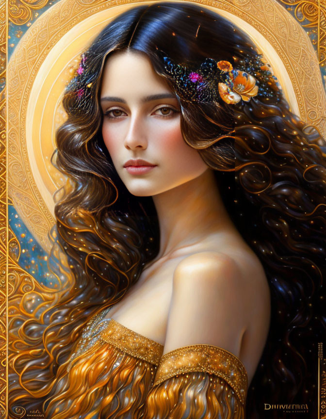 Digital art portrait of woman with long wavy brown hair and floral hairpieces, in golden outfit against