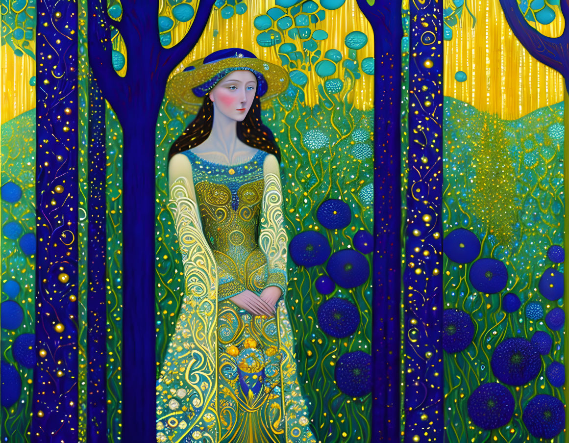 Stylized artwork of woman in yellow dress among blue trees under starry sky