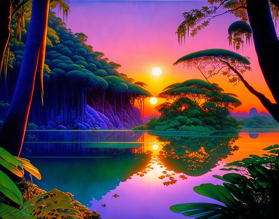 Colorful Tropical Landscape: Sunset Reflection on River